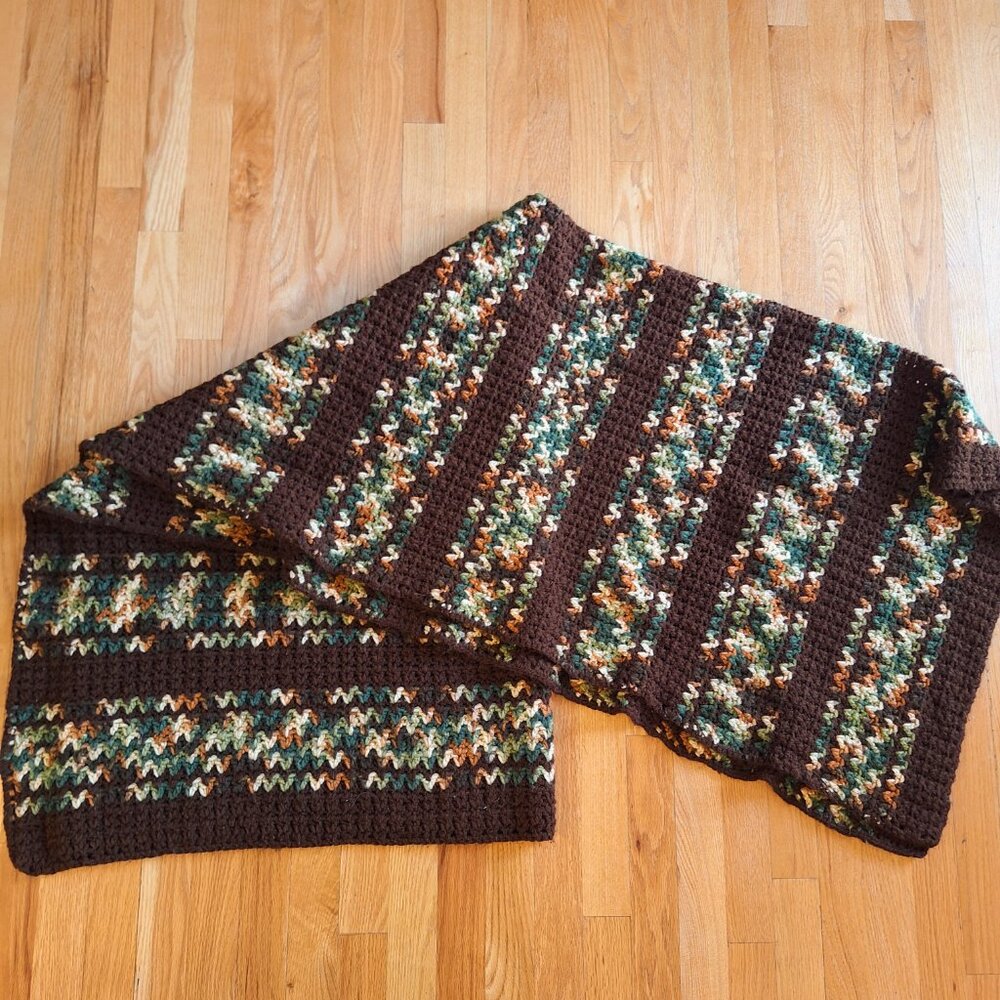 Vintage handmade striped crochet Afghan blanket brown and green forest colors